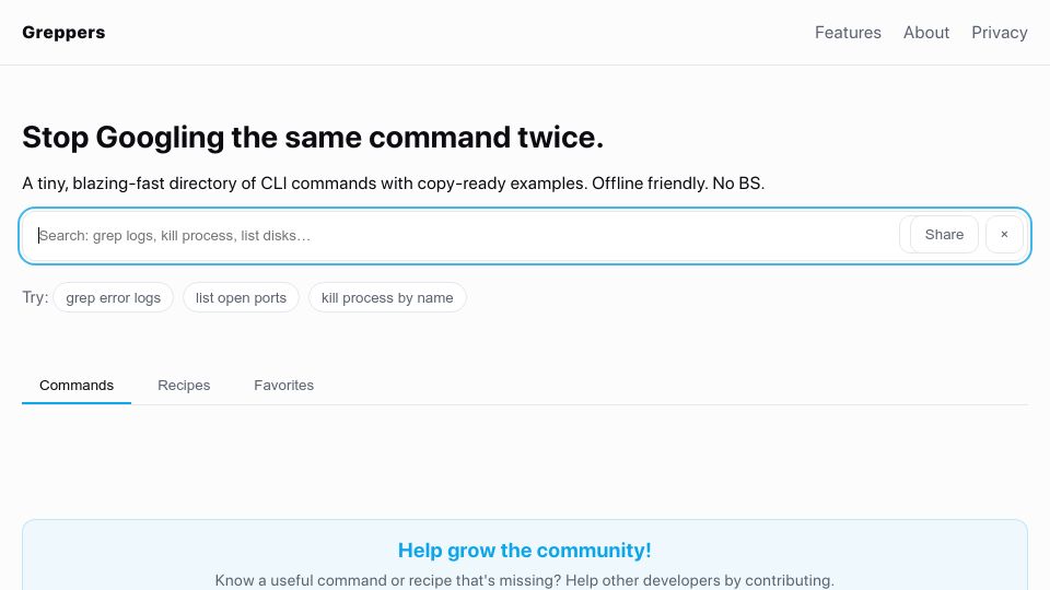 Screenshot of greppers.com: Show HN: Greppers – fast CLI cheat sheet with instant copy and shareable search