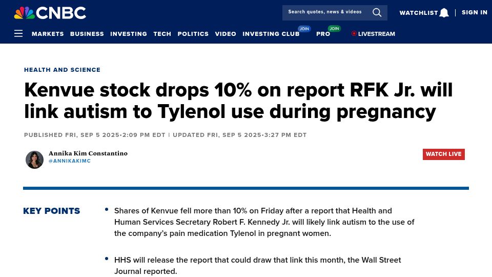Screenshot of cnbc.com: Kenvue stock drops on report RFK Jr will link autism to Tylenol during pregnancy