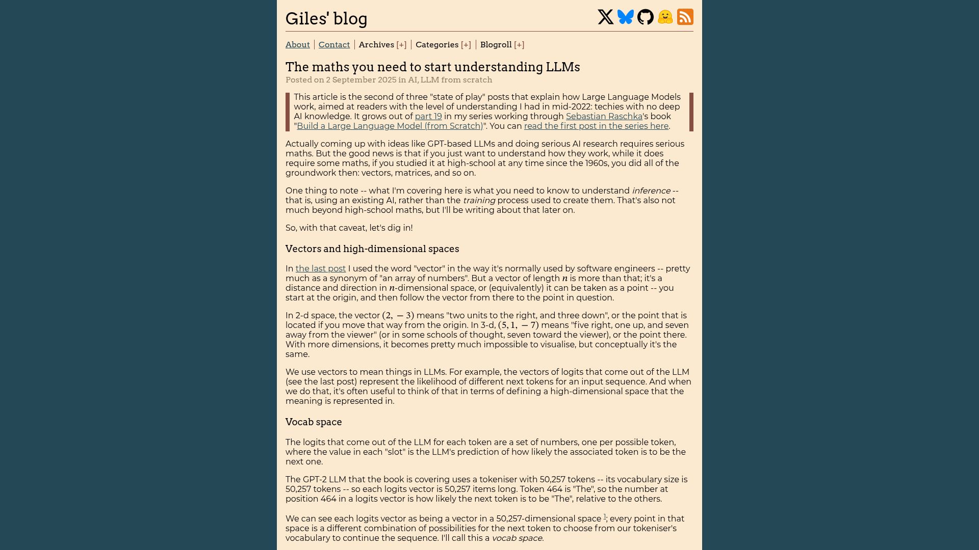 Screenshot of gilesthomas.com: The maths you need to start understanding LLMs