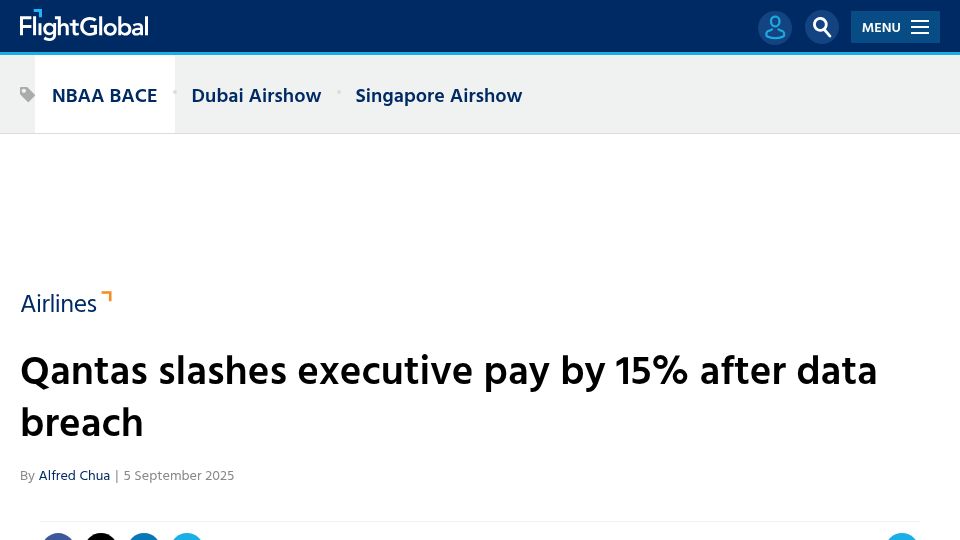 Screenshot of flightglobal.com: Qantas is cutting executive bonuses after data breach