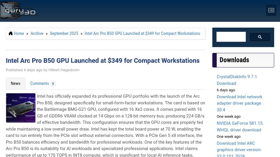 Screenshot of guru3d.com: Intel Arc Pro B50 GPU Launched at $349 for Compact Workstations