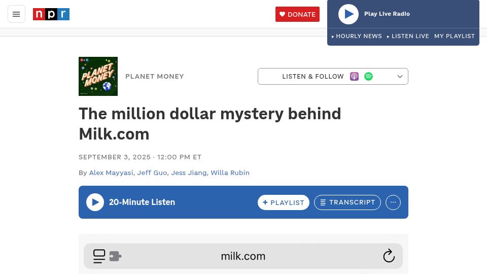Screenshot of npr.org: The million dollar mystery behind Milk.com
