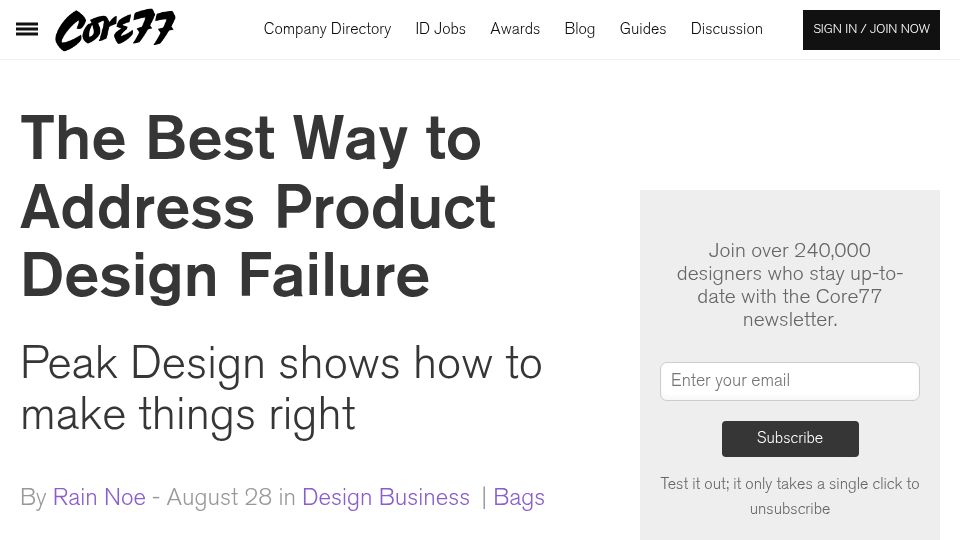 Screenshot of core77.com: Way to Address Product Design Failure