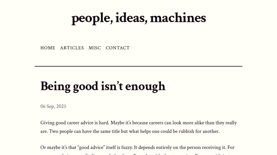 Screenshot of joshs.bearblog.dev: Being good isn't enough