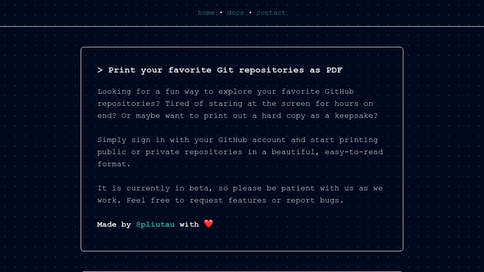 Screenshot of gitprint.me: Print GitHub Repositories as Books