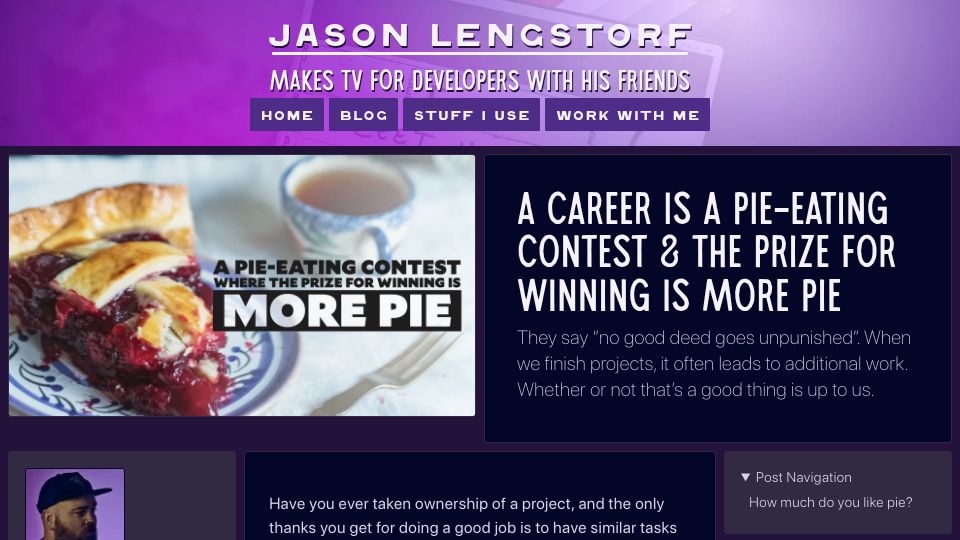 Screenshot of jason.energy: A career is a pie-eating contest and the prize for winning is more pie