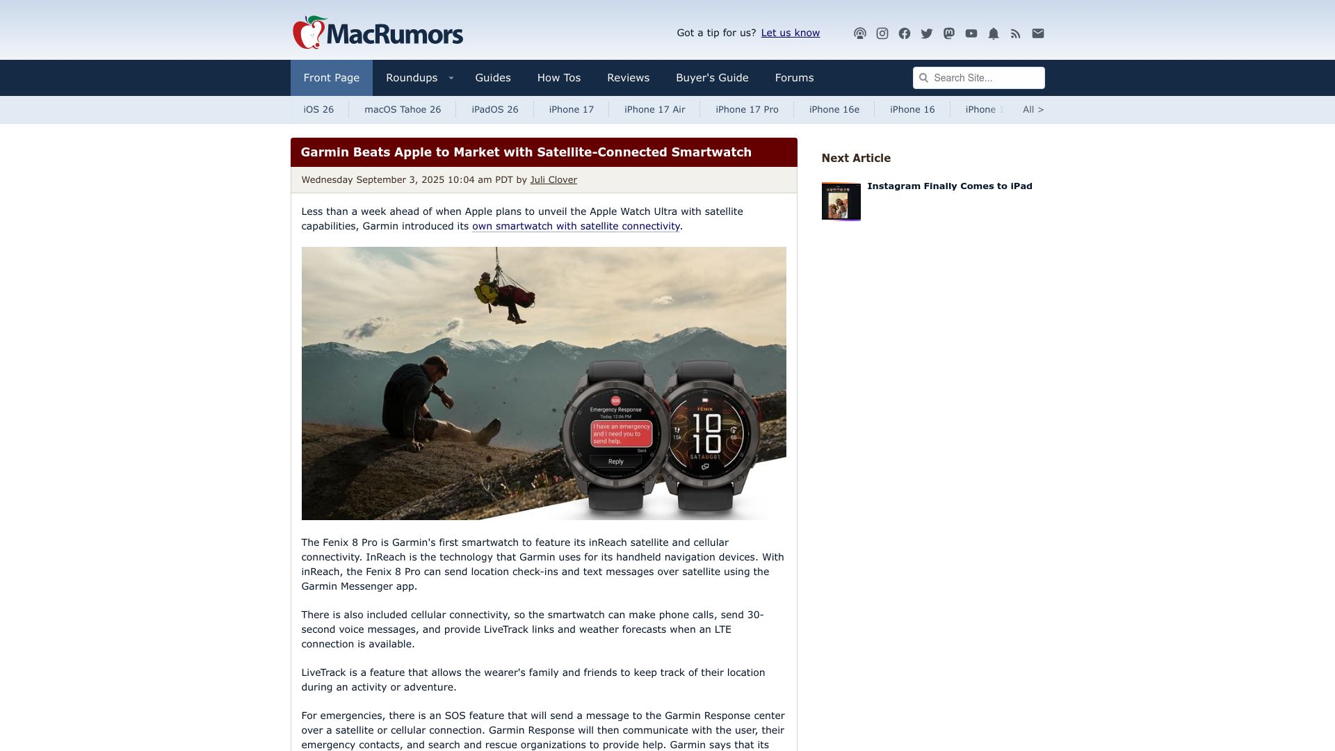 Screenshot of macrumors.com: Garmin beats Apple to market with satellite-connected smartwatch