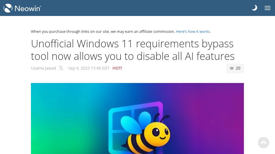 Screenshot of neowin.net: Unofficial Windows 11 requirements bypass tool allows disabling all AI features