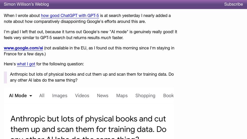 Screenshot of simonwillison.net: AI Mode Is Good