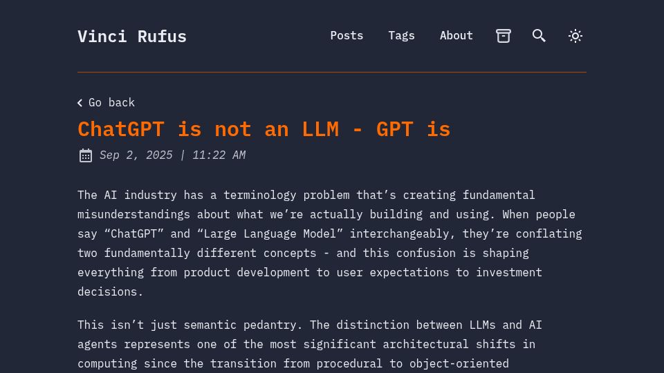 Screenshot of vincirufus.com: ChatGPT is NOT a LLM – GPT is