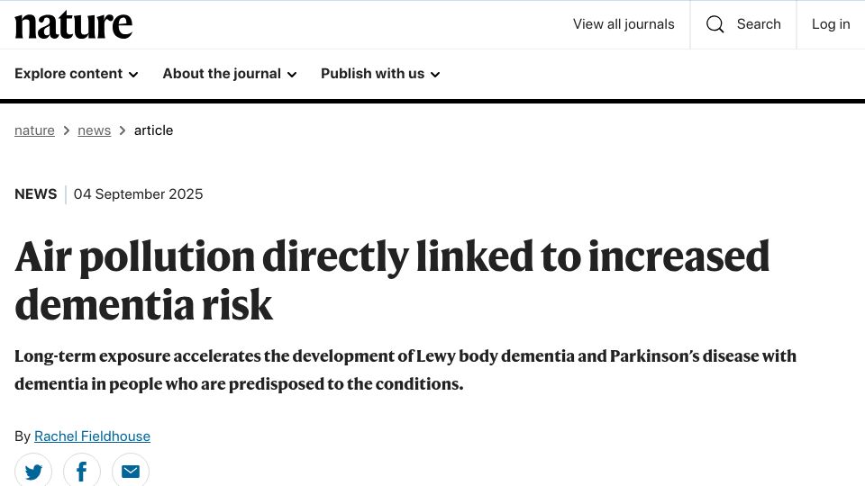 Screenshot of nature.com: Air pollution directly linked to increased dementia risk