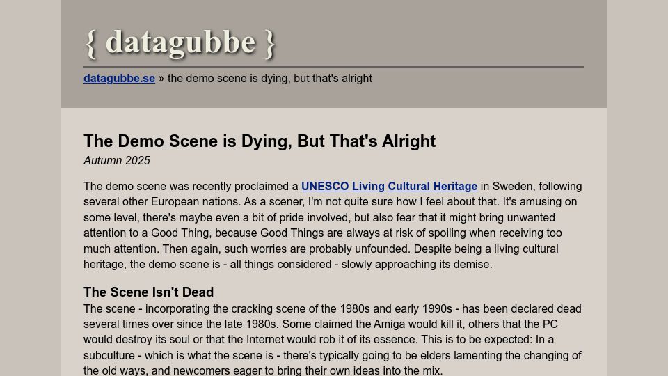 Screenshot of datagubbe.se: The demo scene is dying, but that's alright