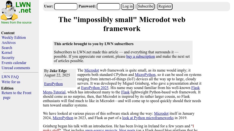 Screenshot of lwn.net: The “impossibly small” Microdot web framework