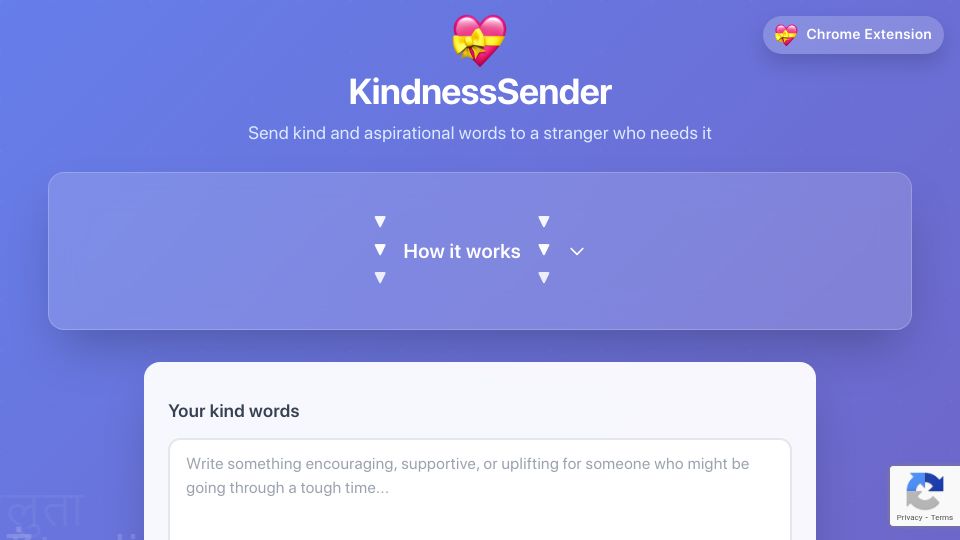 Screenshot of kindnesssender.com: Show HN: Send kind and aspirational words to a stranger who needs it