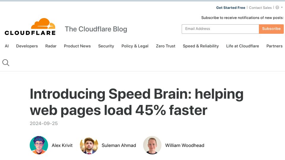 Screenshot of blog.cloudflare.com: Speed Brain: Helping web pages load faster (2024)