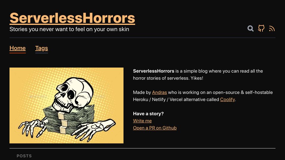 Screenshot of serverlesshorrors.com: Serverless Horrors