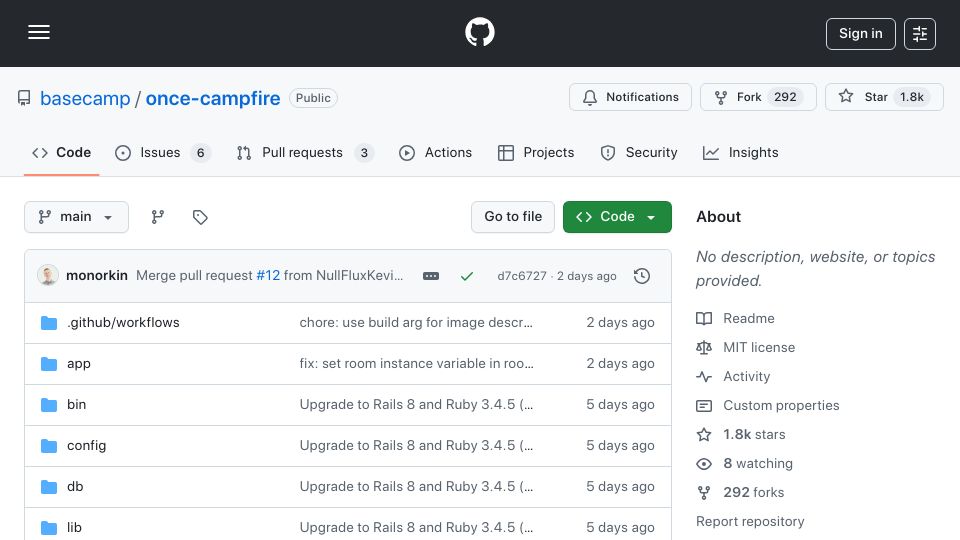 Screenshot of github.com: Campfire: Web-Based Chat Application