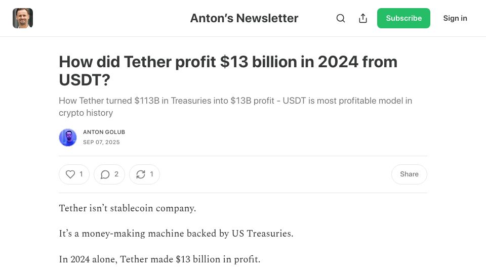 Screenshot of antongolub.substack.com: How did Tether profit $13B in 2024 from USDT?