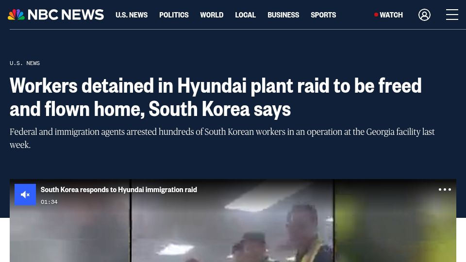 Screenshot of nbcnews.com: South Korean workers detained in Hyundai plant raid to be freed and flown home