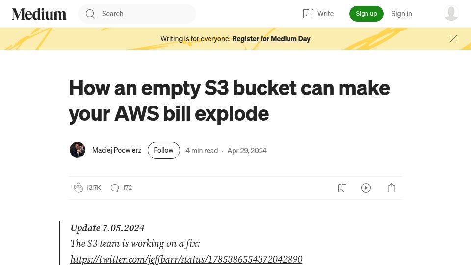 Screenshot of medium.com: An empty S3 bucket can make your AWS bill explode