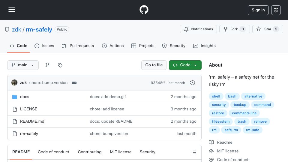 Screenshot of github.com: Show HN: rm-safely – A shell alias that moves files to trash instead of deleting