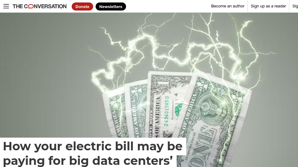 Screenshot of theconversation.com: Electric bill may be paying for big data centers' energy use