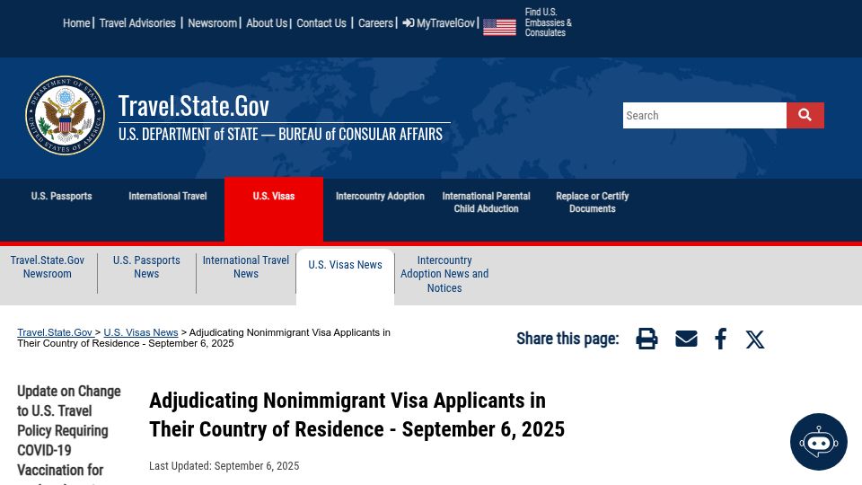 Screenshot of travel.state.gov: US Visa Applications Must Be Submitted from Country of Residence or Nationality