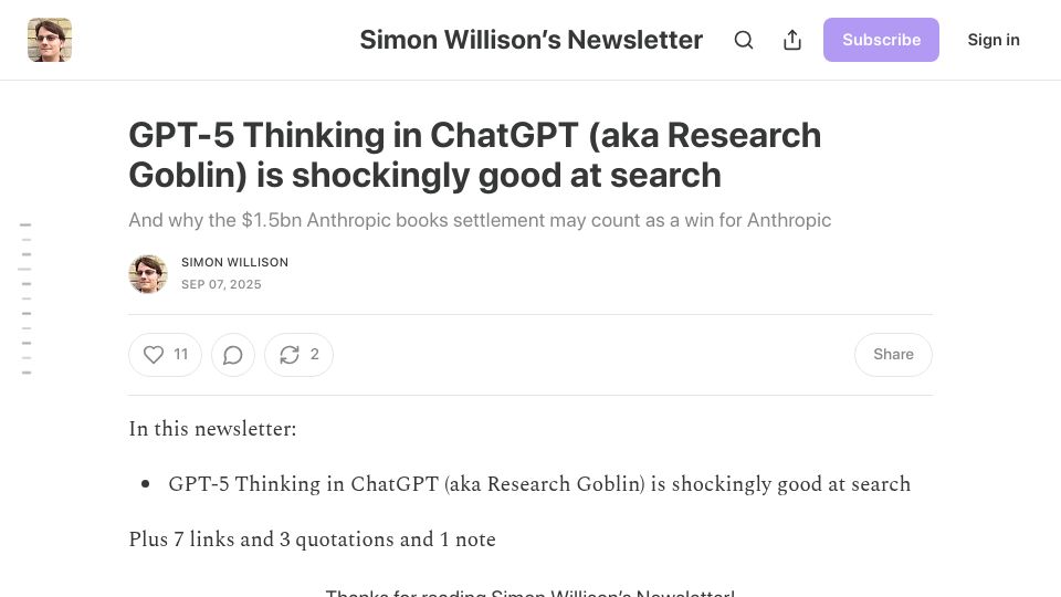 Screenshot of simonw.substack.com: GPT-5 Thinking in ChatGPT (a.k.a. Research Goblin) is shockingly good at search