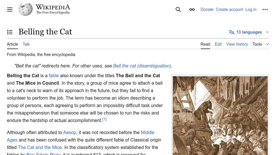 Screenshot of en.wikipedia.org: Belling the Cat