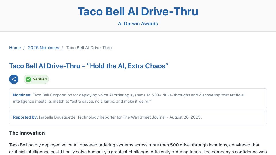 Screenshot of aidarwinawards.org: Taco Bell AI Drive-Thru