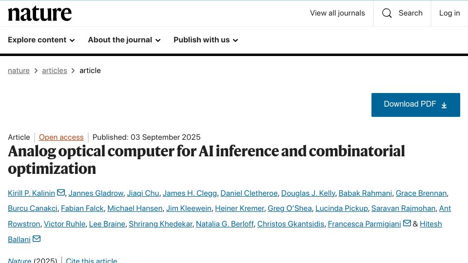 Screenshot of nature.com: Analog optical computer for AI inference and combinatorial optimization