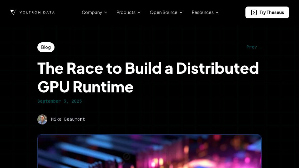 Screenshot of voltrondata.com: The race to build a distributed GPU runtime