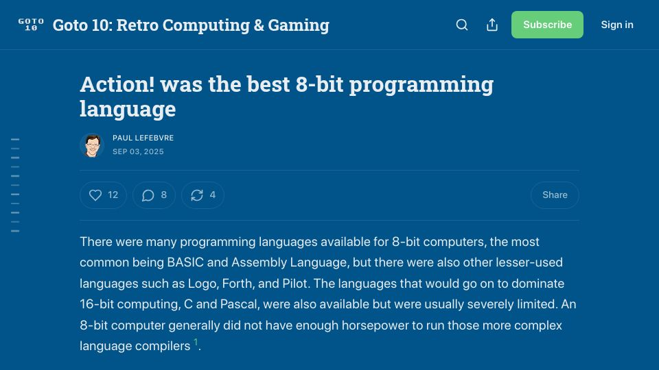 Screenshot of goto10retro.com: Action was the best 8-bit programming language