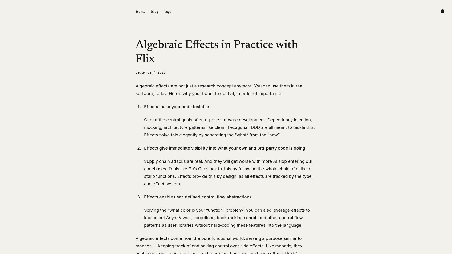 Screenshot of relax.software: Algebraic Effects in Practice with Flix