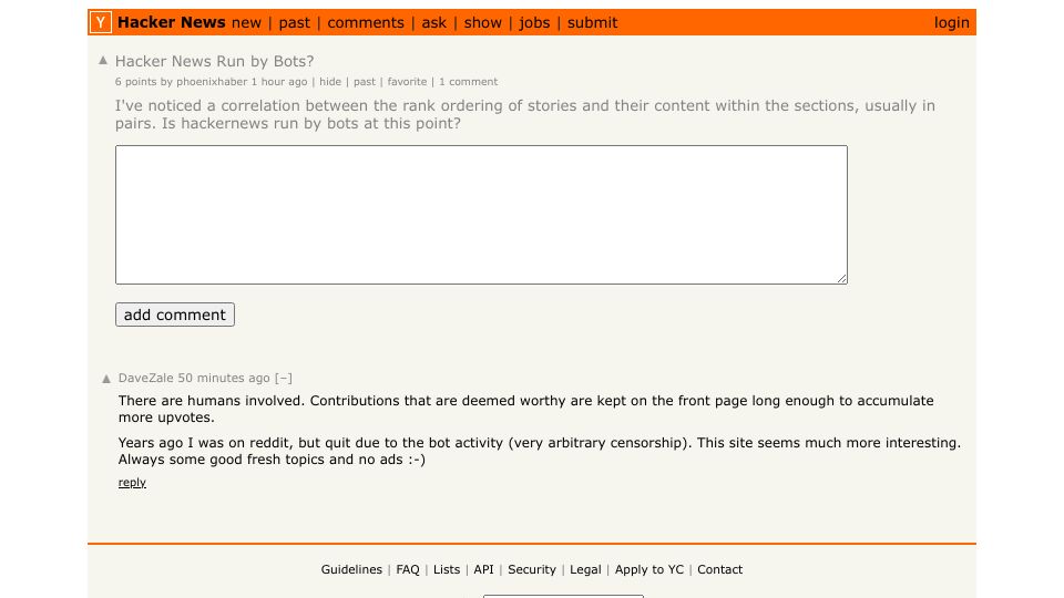 Screenshot of Hacker News post: Hacker News Run by Bots?