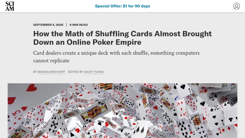 Screenshot of scientificamerican.com: The math of shuffling cards almost brought down an online poker empire