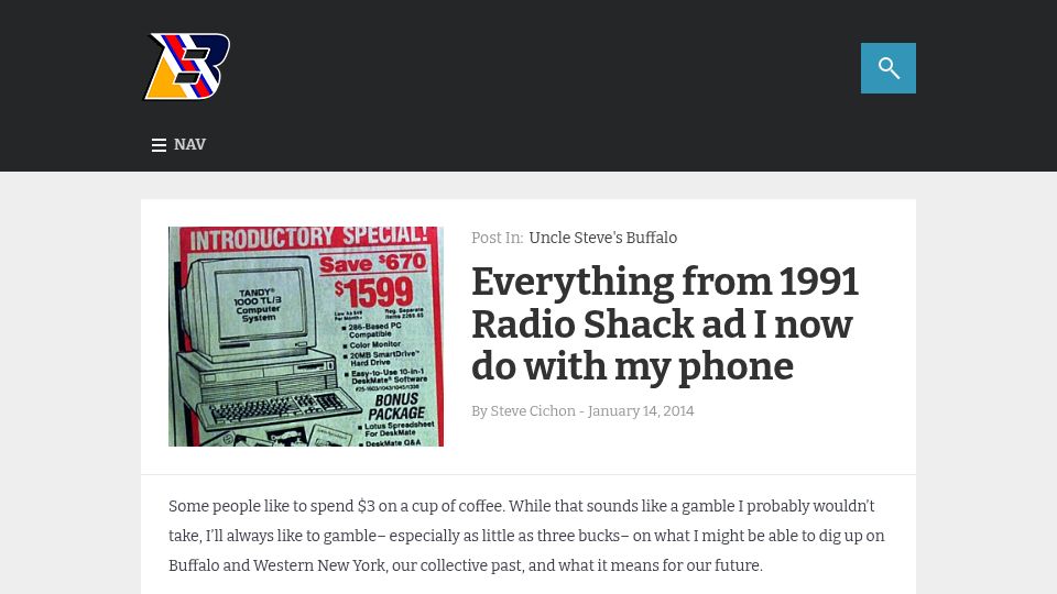 Screenshot of trendingbuffalo.com: Everything from 1991 Radio Shack ad I now do with my phone (2014)