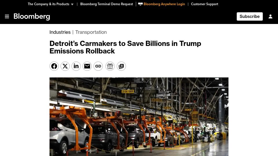 Screenshot of bloomberg.com: Detroit's Carmakers to Save Billions in Emissions Rollback