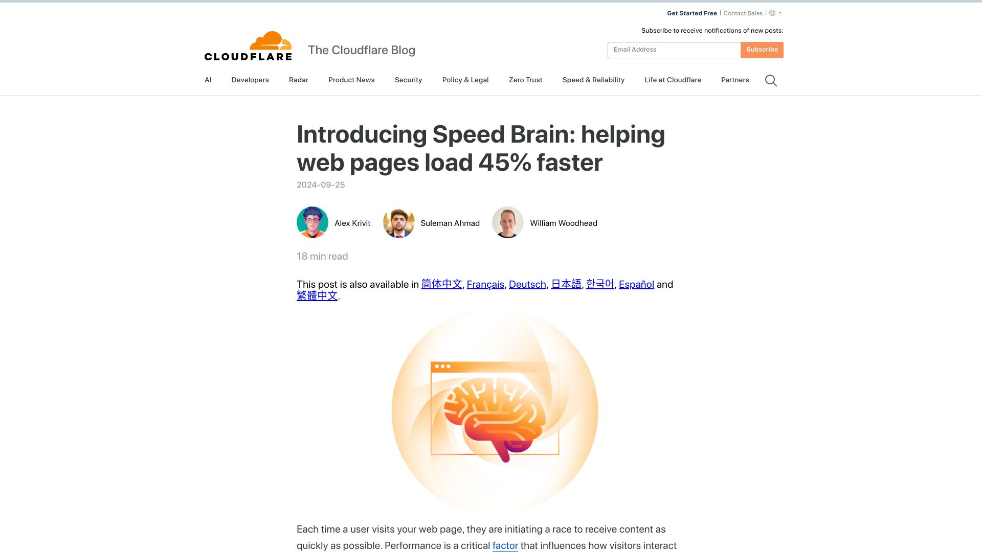 Screenshot of blog.cloudflare.com: Speed Brain: Helping web pages load faster (2024)