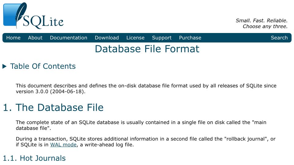 Screenshot of sqlite.org: SQLite's File Format