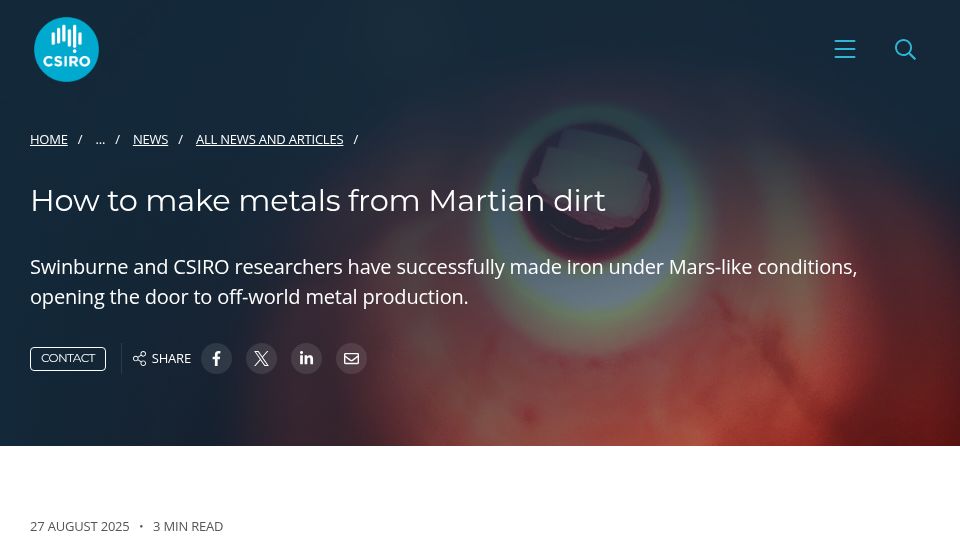 Screenshot of csiro.au: How to make metals from Martian dirt
