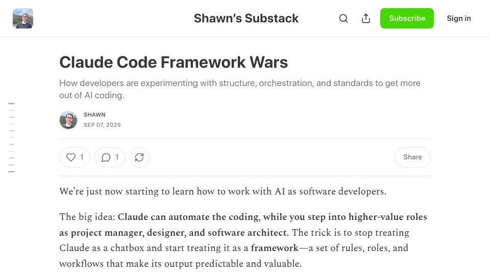 Screenshot of shmck.substack.com: The Claude Code Framework Wars