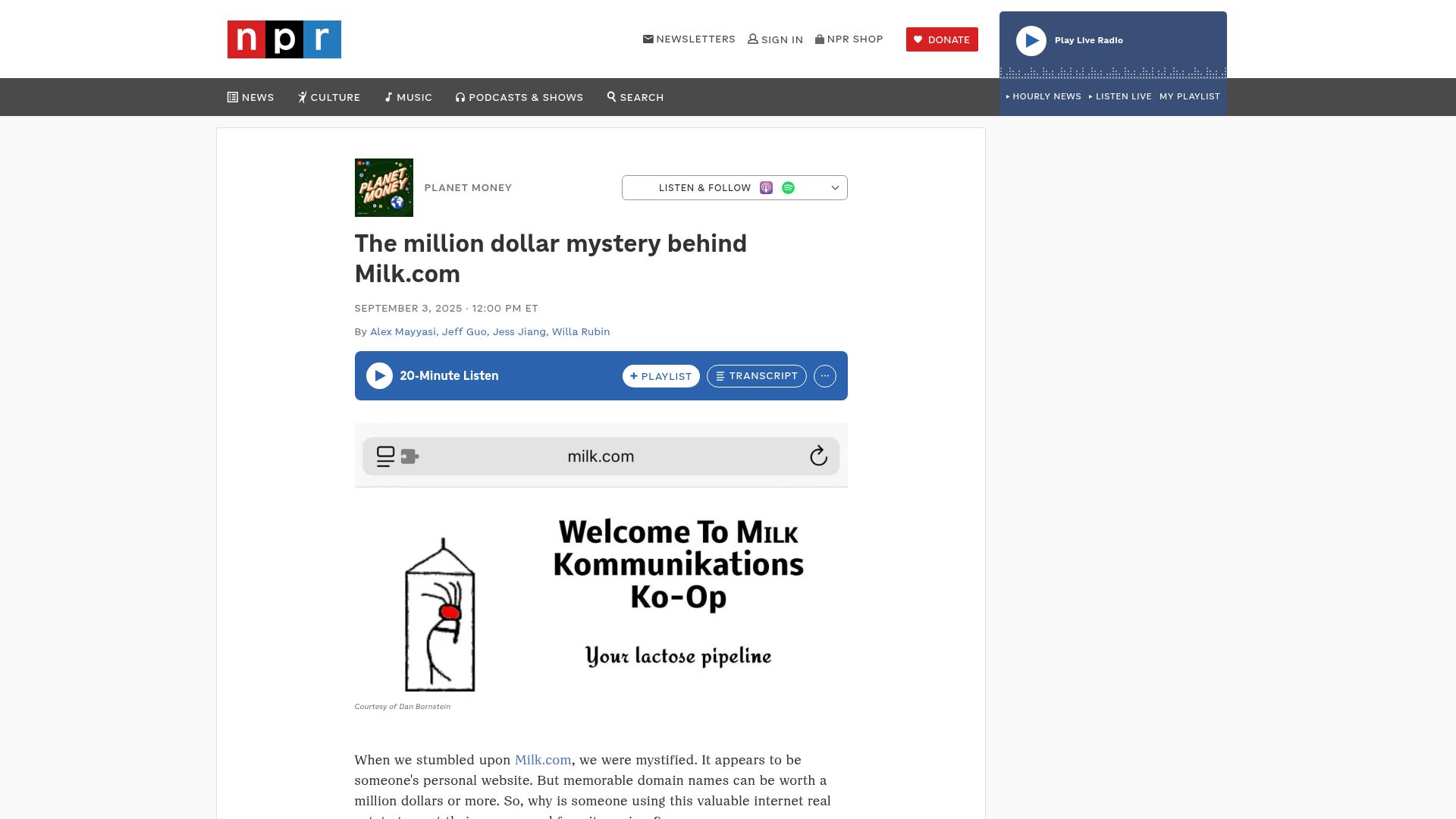 Screenshot of npr.org: The million dollar mystery behind Milk.com