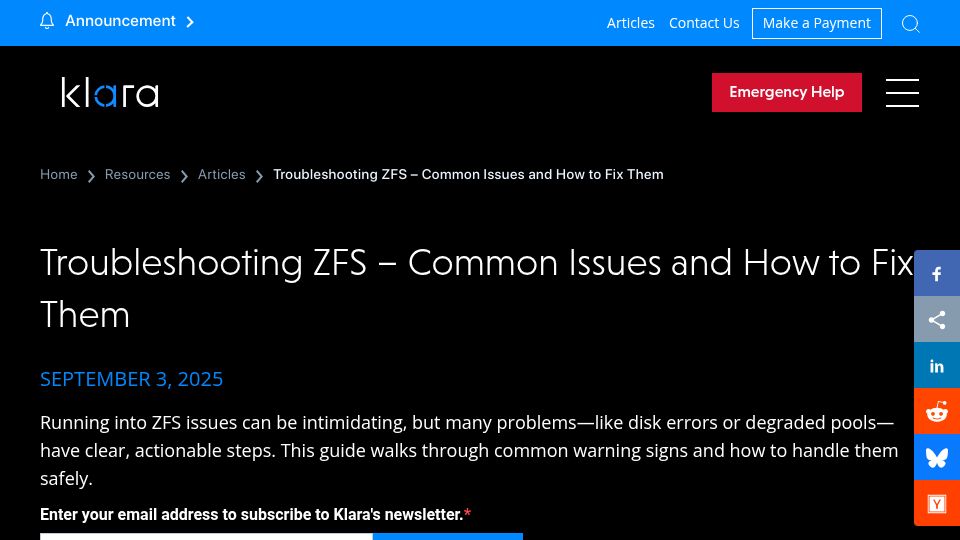 Screenshot of klarasystems.com: Troubleshooting ZFS – Common Issues and How to Fix Them