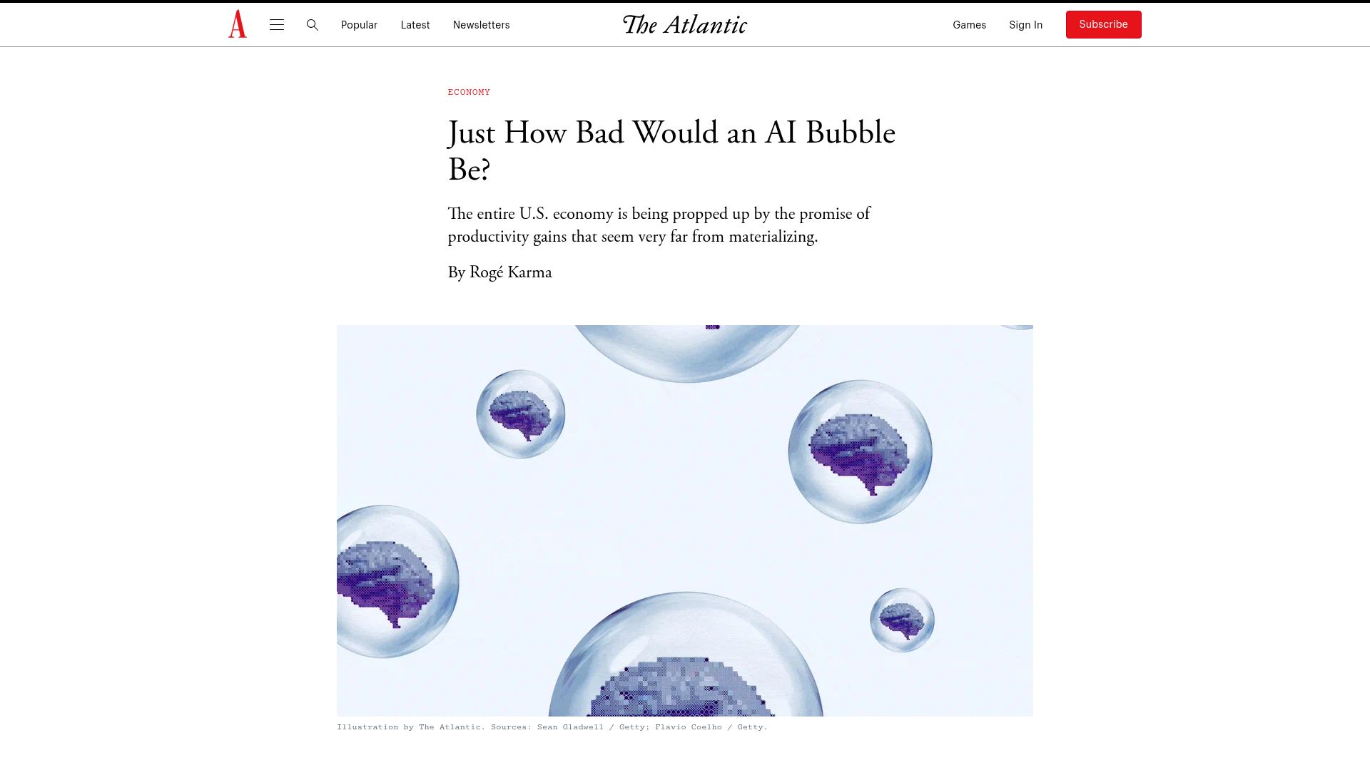 Screenshot of theatlantic.com: Just How Bad Would an AI Bubble Be?