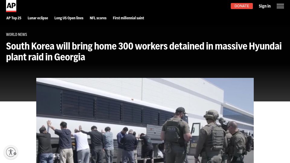 Screenshot of apnews.com: South Korea will bring home 300 workers detained in Hyundai plant raid