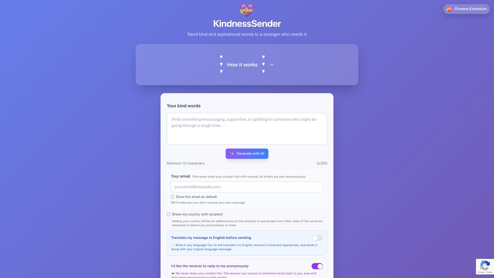 Screenshot of kindnesssender.com: Show HN: Send kind and aspirational words to a stranger who needs it