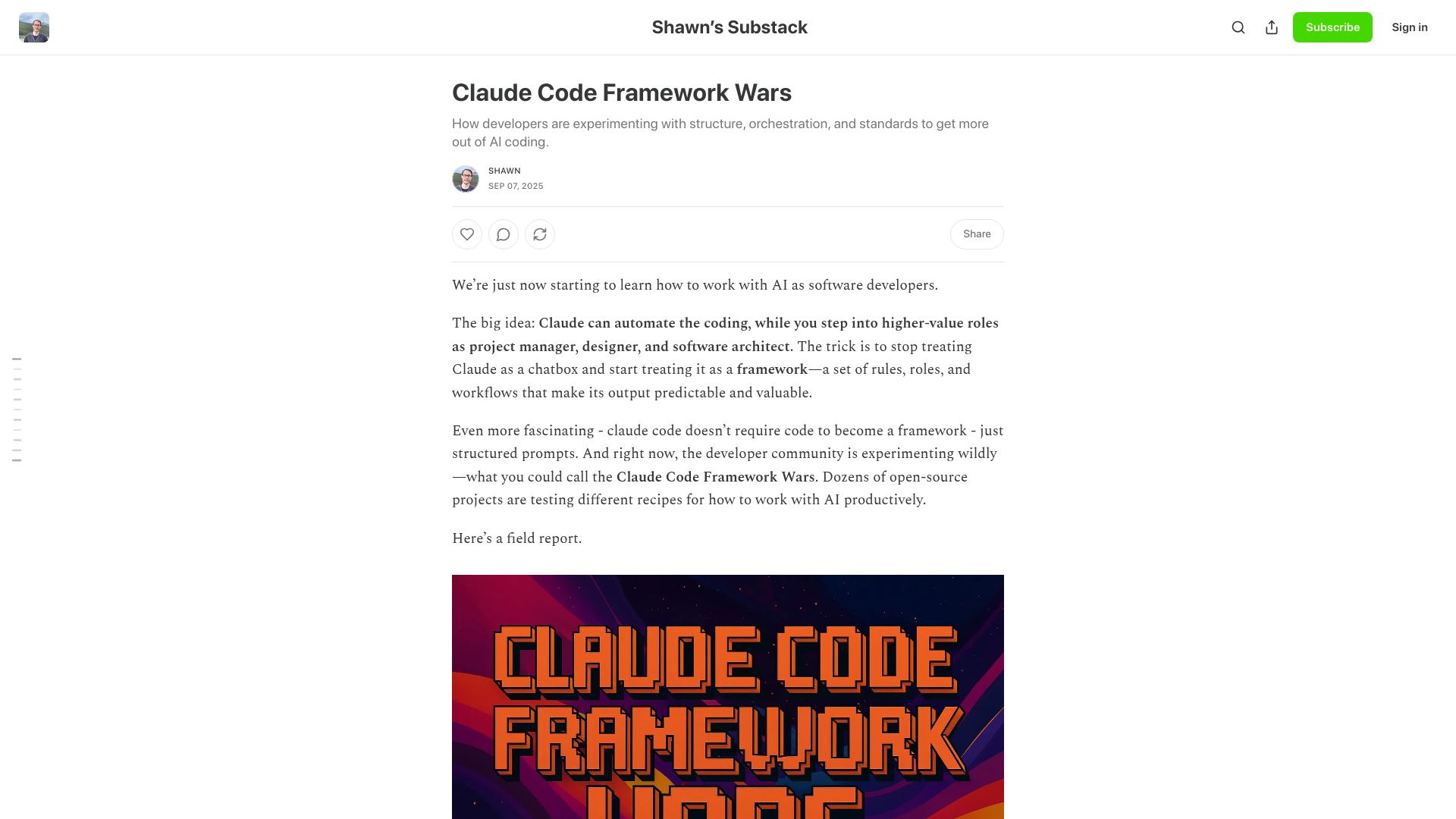 Screenshot of shmck.substack.com: The Claude Code Framework Wars