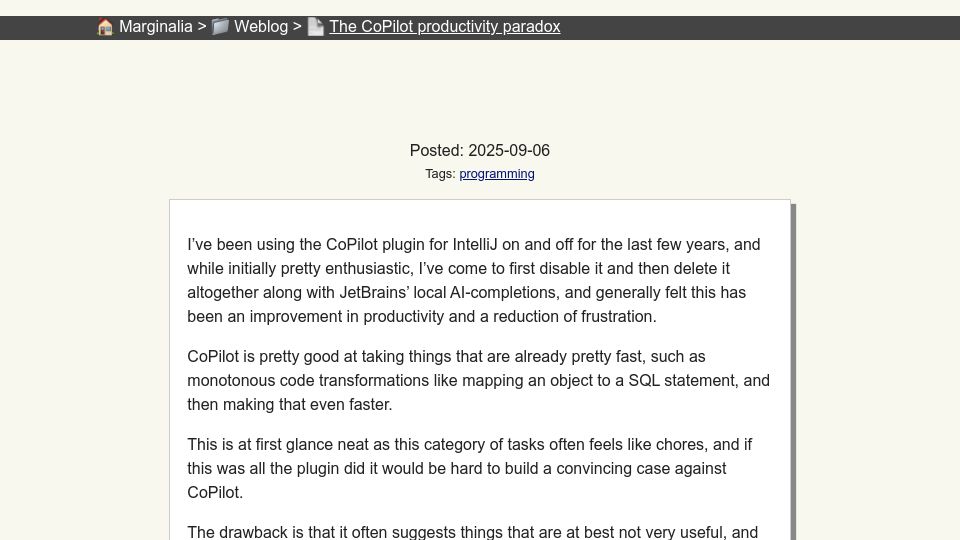 Screenshot of marginalia.nu: The CoPilot Productivity Paradox