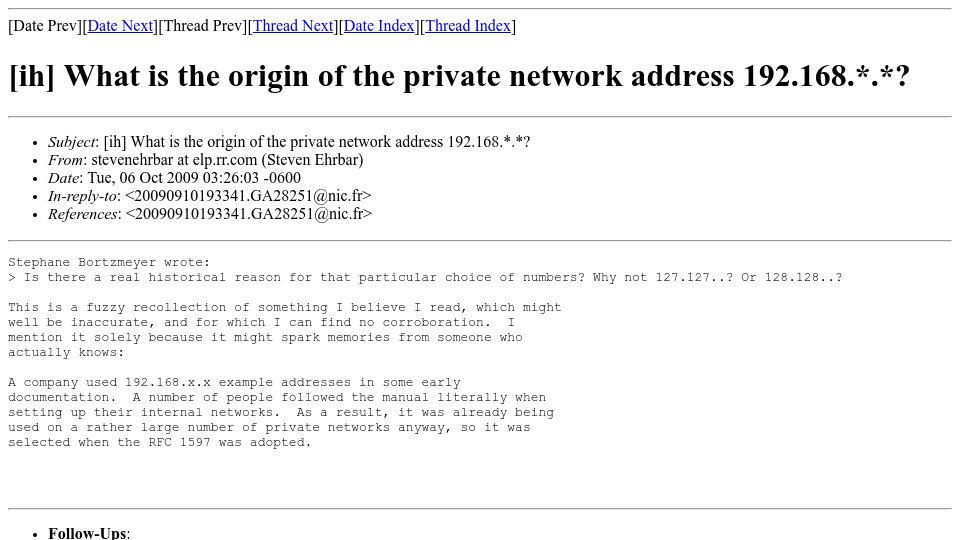 Screenshot of lists.ding.net: What is the origin of the private network address 192.168.*.*? (2009)